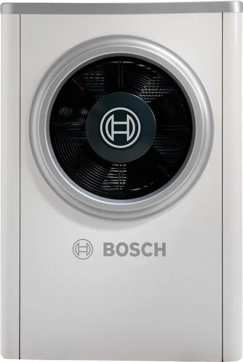 Weiße Außeneinheit mit runder Lüfteröffnung und Bosch-Logo. Die Einheit hat eine graue Umrandung und ist für die Installation in Klimaanlagen konzipiert.